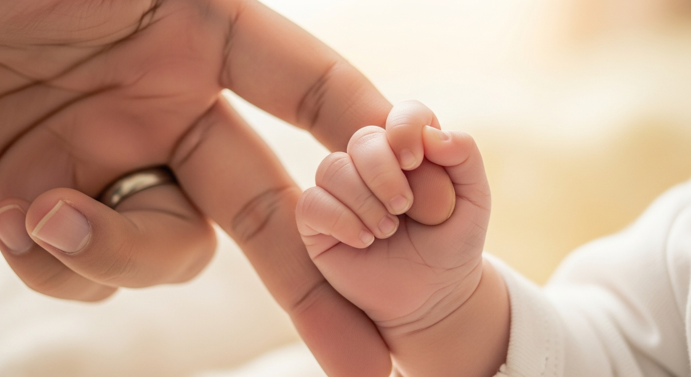 Asian parent tenderly holding baby's hand