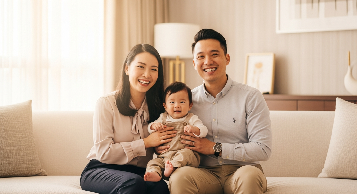 Happy Asian family with baby