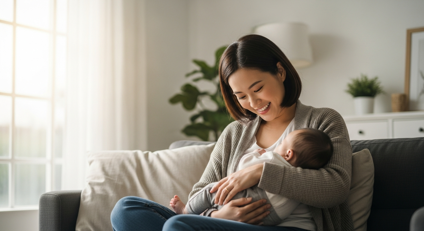 Asian mother and baby bonding