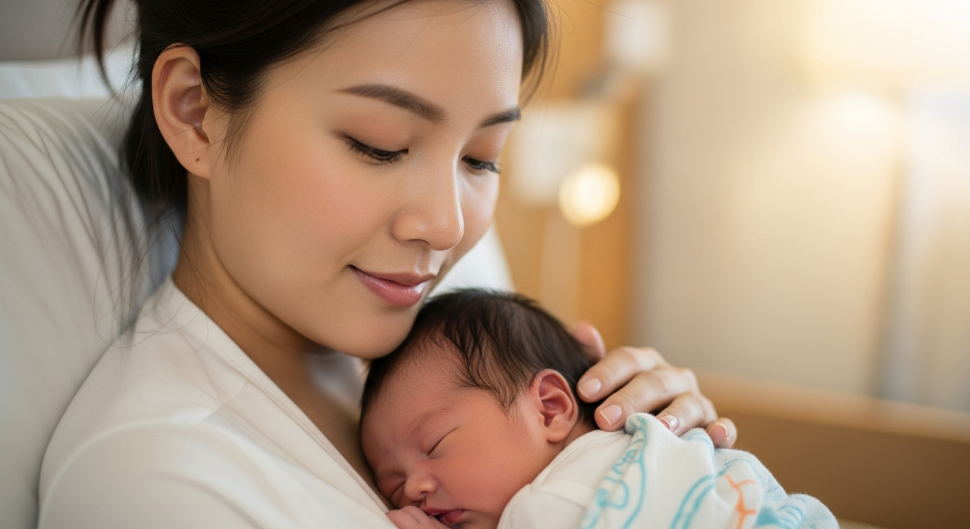 Asian mother gently cradling her newborn