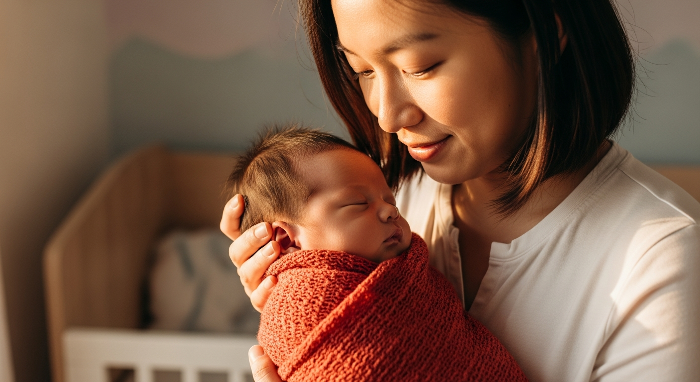 Tender moment between Asian parent and baby
